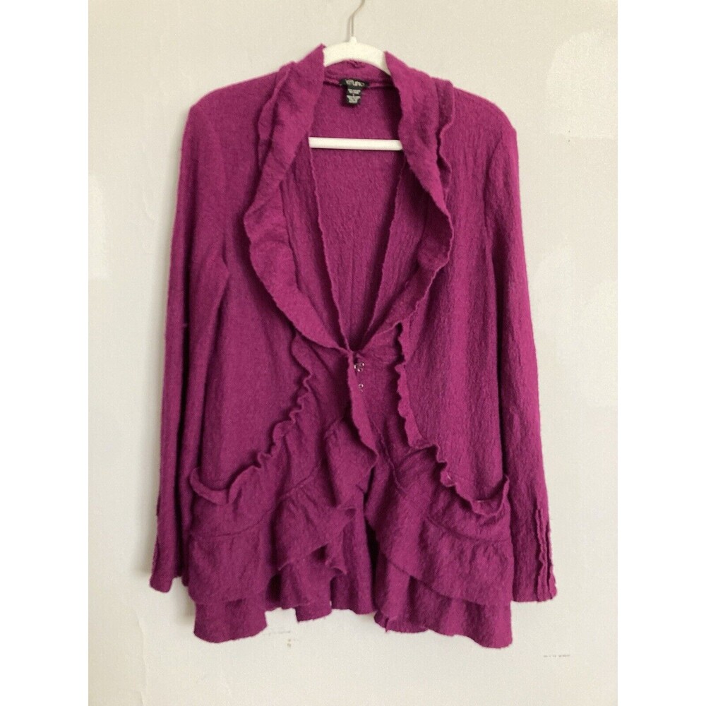 Cupio Wool Viscose Cardigan Ruffle LARGE Art to Wear Magenta Pink